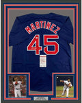 Framed Autographed/Signed Pedro Martinez 35x39 Boston Blue Baseball Jersey JSA COA