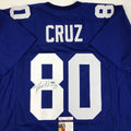 Autographed/Signed Victor Cruz New York Blue Football Jersey JSA COA