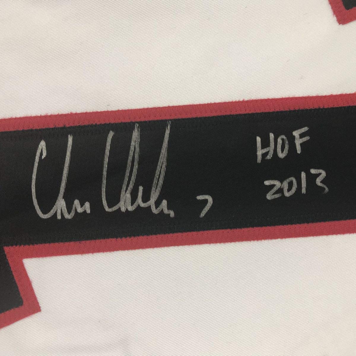 Autographed/Signed Chris Chelios HOF 2013 Chicago White Hockey Jersey JSA COA