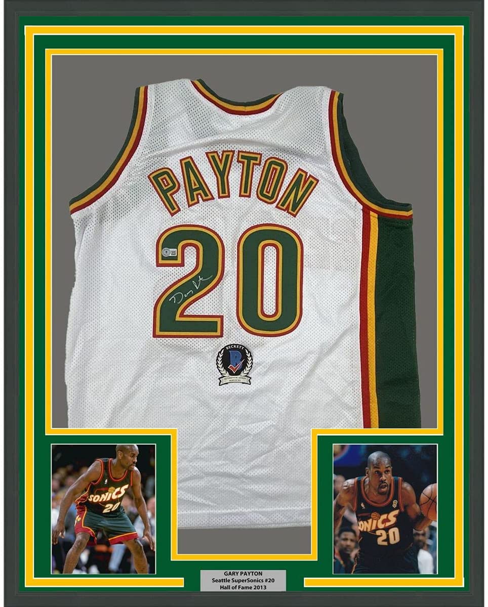 FRAMED Autographed/Signed Gary Payton 35x39 Seattle White Basketball Jersey Beckett BAS COA