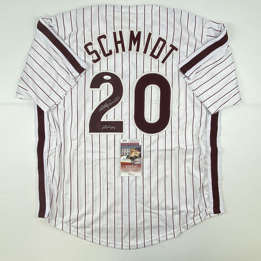 Autographed/Signed Mike Schmidt HOF 95 Philadelphia Pinstripe Baseball Jersey JSA COA