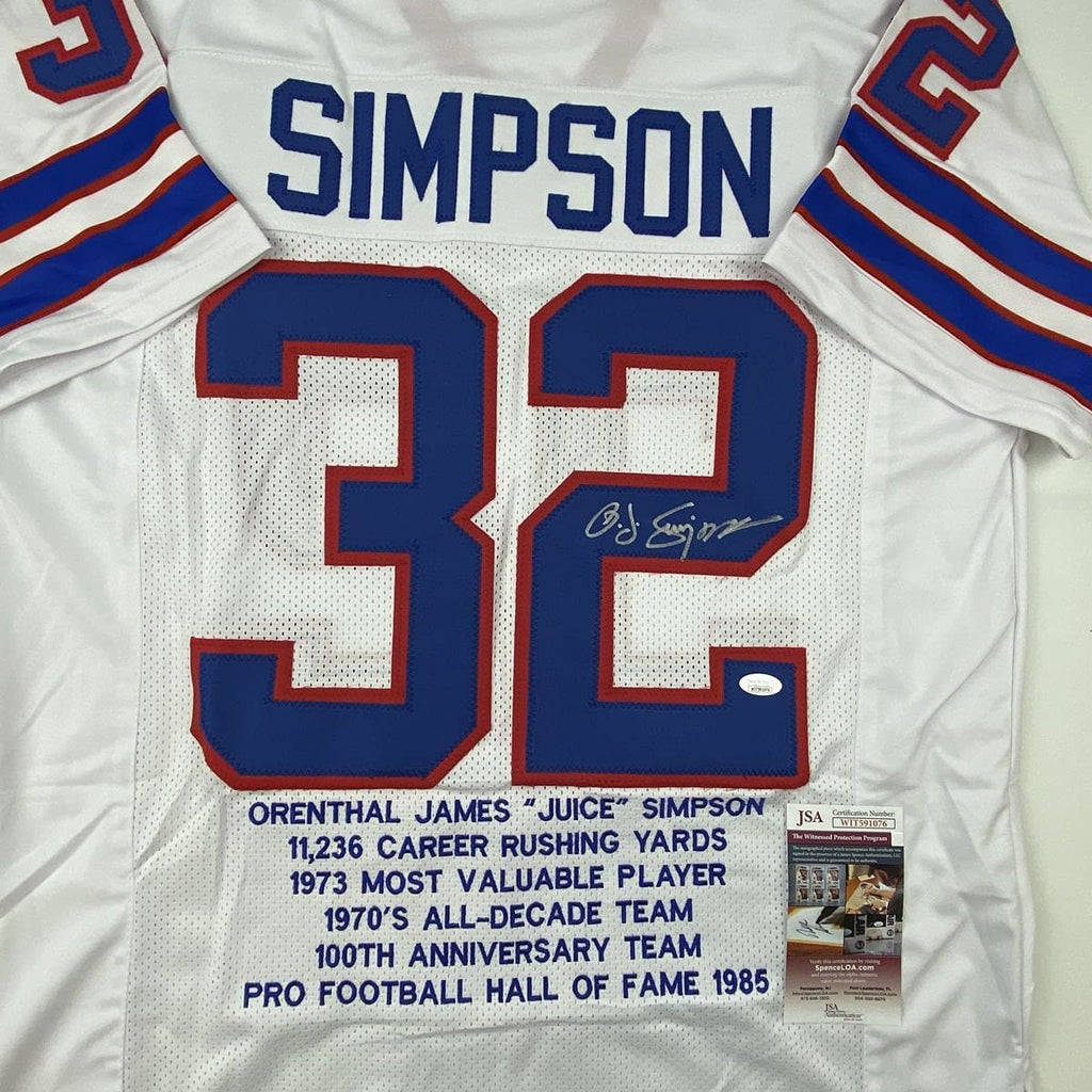 Autographed/Signed OJ O.J. Simpson Buffalo White Stat Football Jersey JSA COA