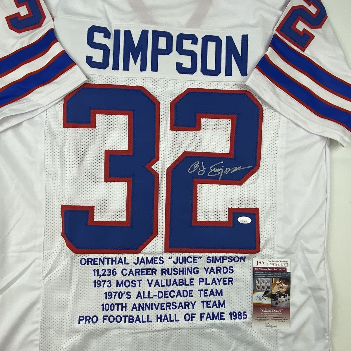 Autographed/Signed OJ O.J. Simpson Buffalo White Stat Football Jersey JSA COA