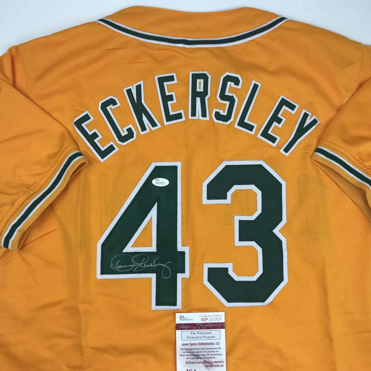 Autographed/Signed Dennis Eckersley Oakland Yellow Baseball Jersey JSA COA