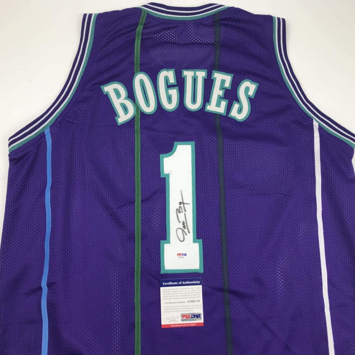 Autographed/Signed Muggsy Bogues Charlotte Purple Basketball Jersey PSA/DNA COA