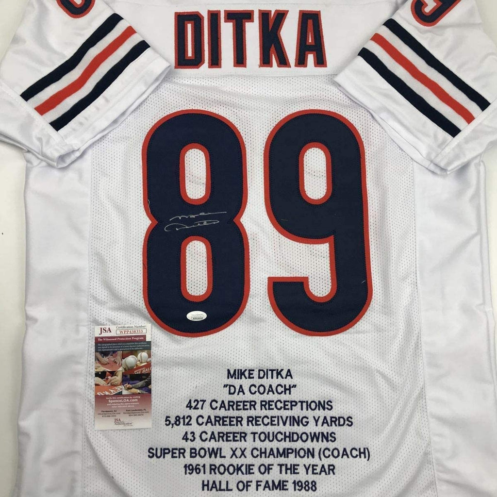 Autographed/Signed Mike Ditka Chicago White Stat Football Jersey JSA COA