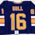 Autographed/Signed Brett Hull St. Louis Blue Hockey Jersey Beckett BAS COA