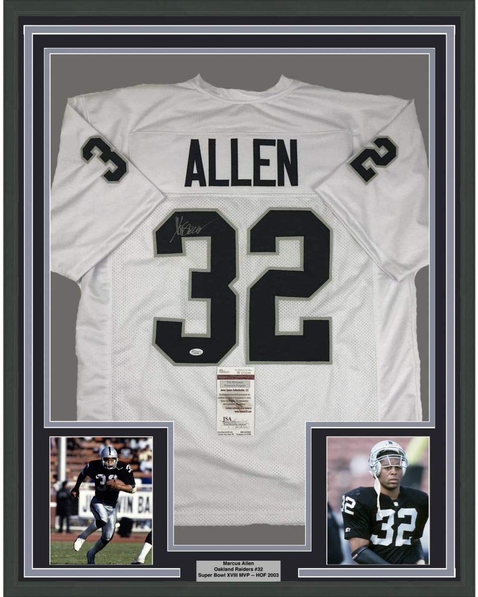 Framed Autographed/Signed Marcus Allen 35x39 Oakland White Football Jersey JSA COA