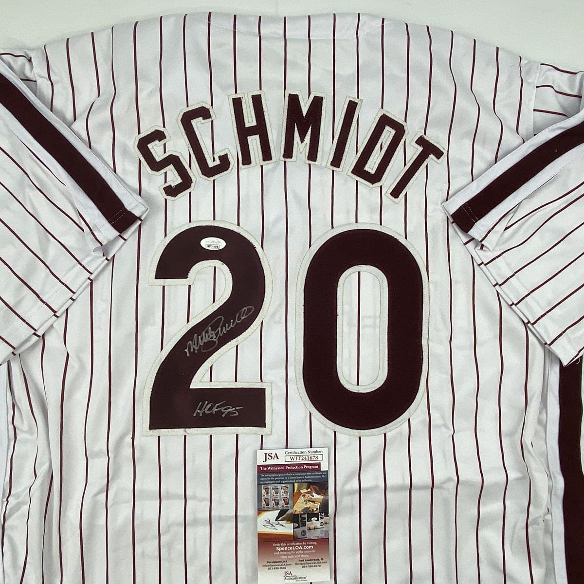 Autographed/Signed Mike Schmidt HOF 95 Philadelphia Pinstripe Baseball Jersey JSA COA