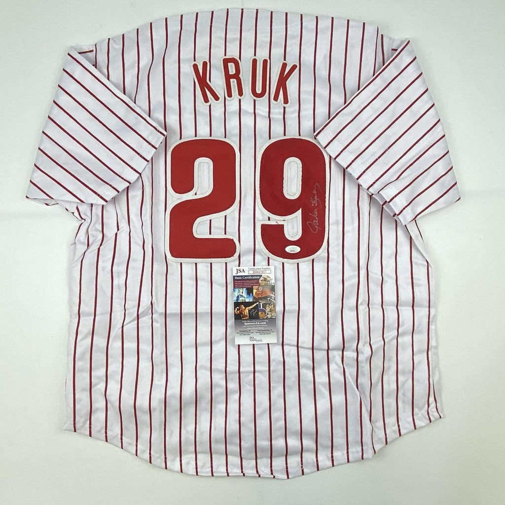 Autographed/Signed John Kruk Philadelphia Pinstripe Baseball Jersey JSA COA