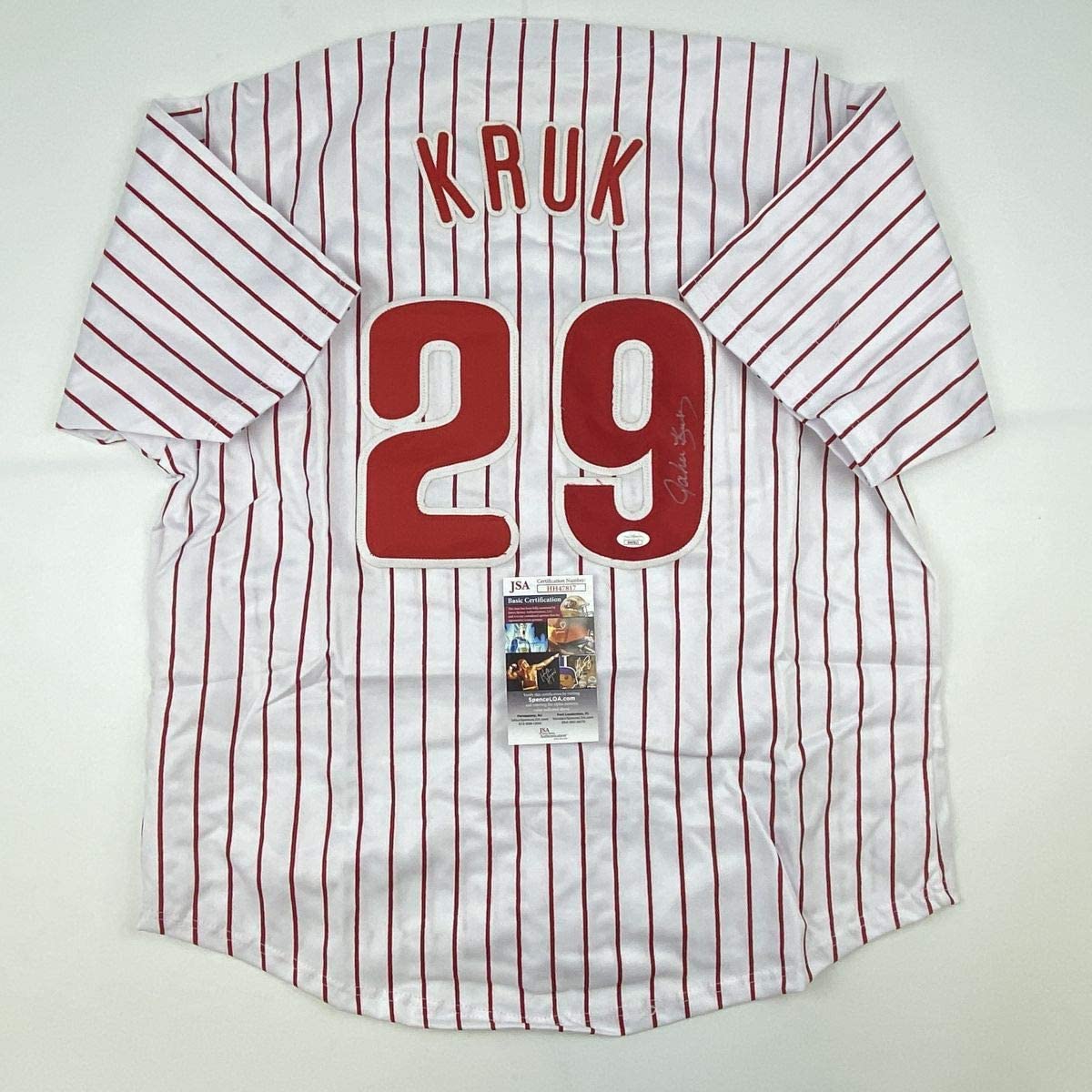 Autographed/Signed John Kruk Philadelphia Pinstripe Baseball Jersey JSA COA