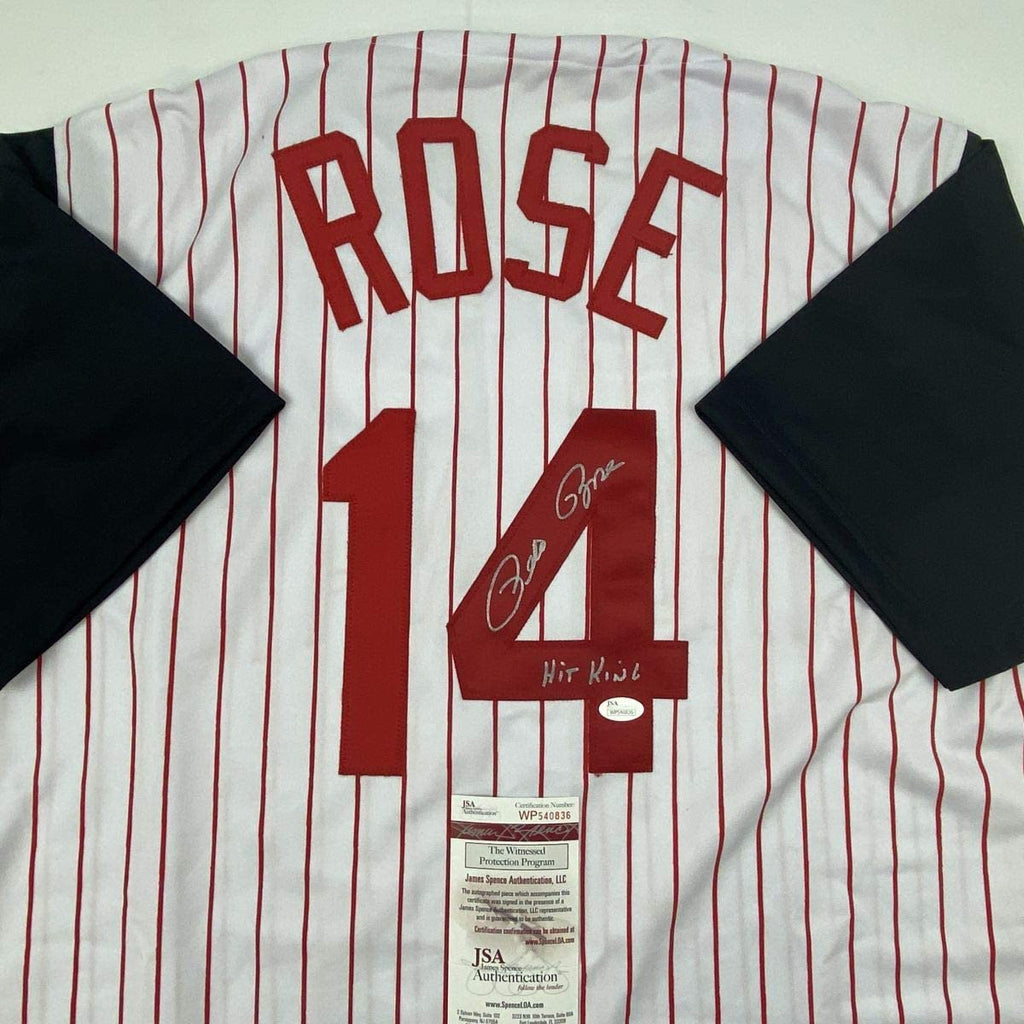 Autographed/Signed Pete Rose Hit King Cincinnati Pinstripe Baseball Jersey JSA COA
