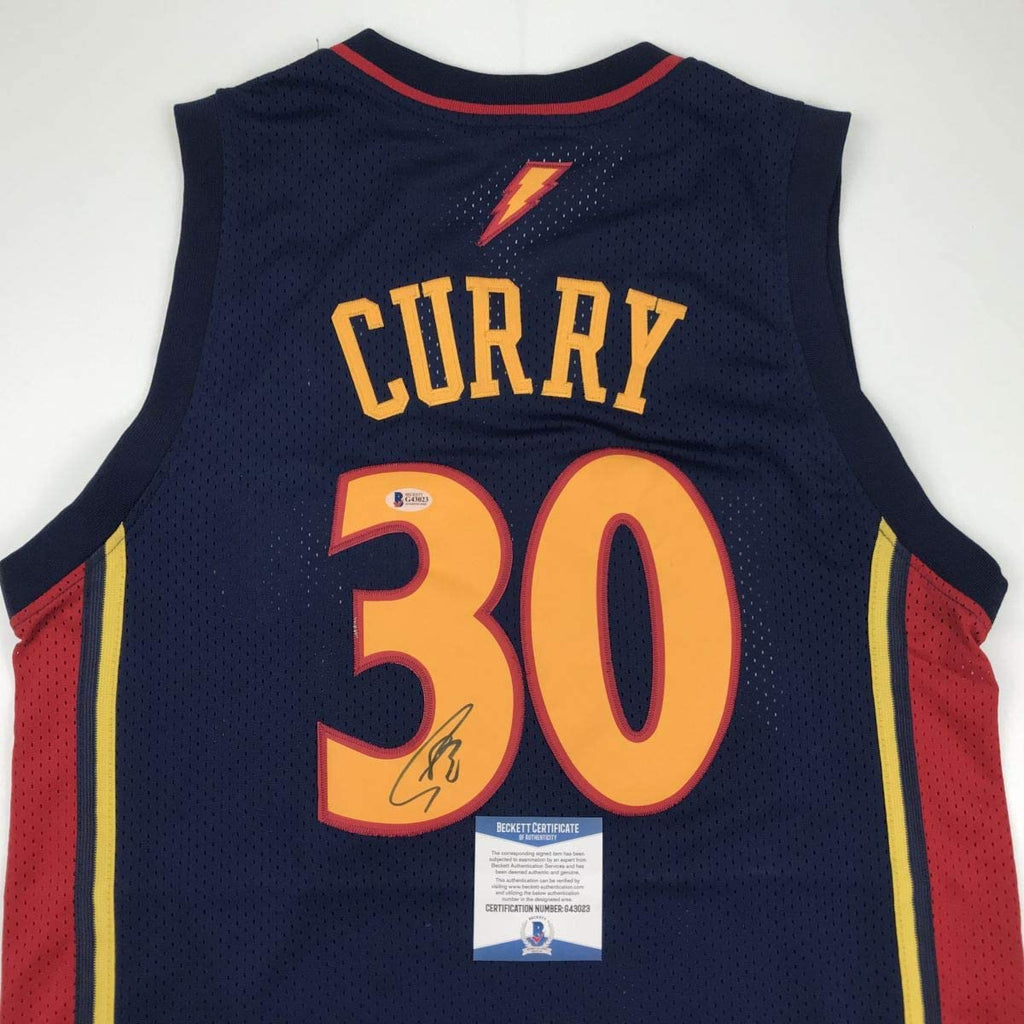 Autographed/Signed Stephen Steph Curry Golden State Blue Rookie Basketball Jersey Beckett BAS COA