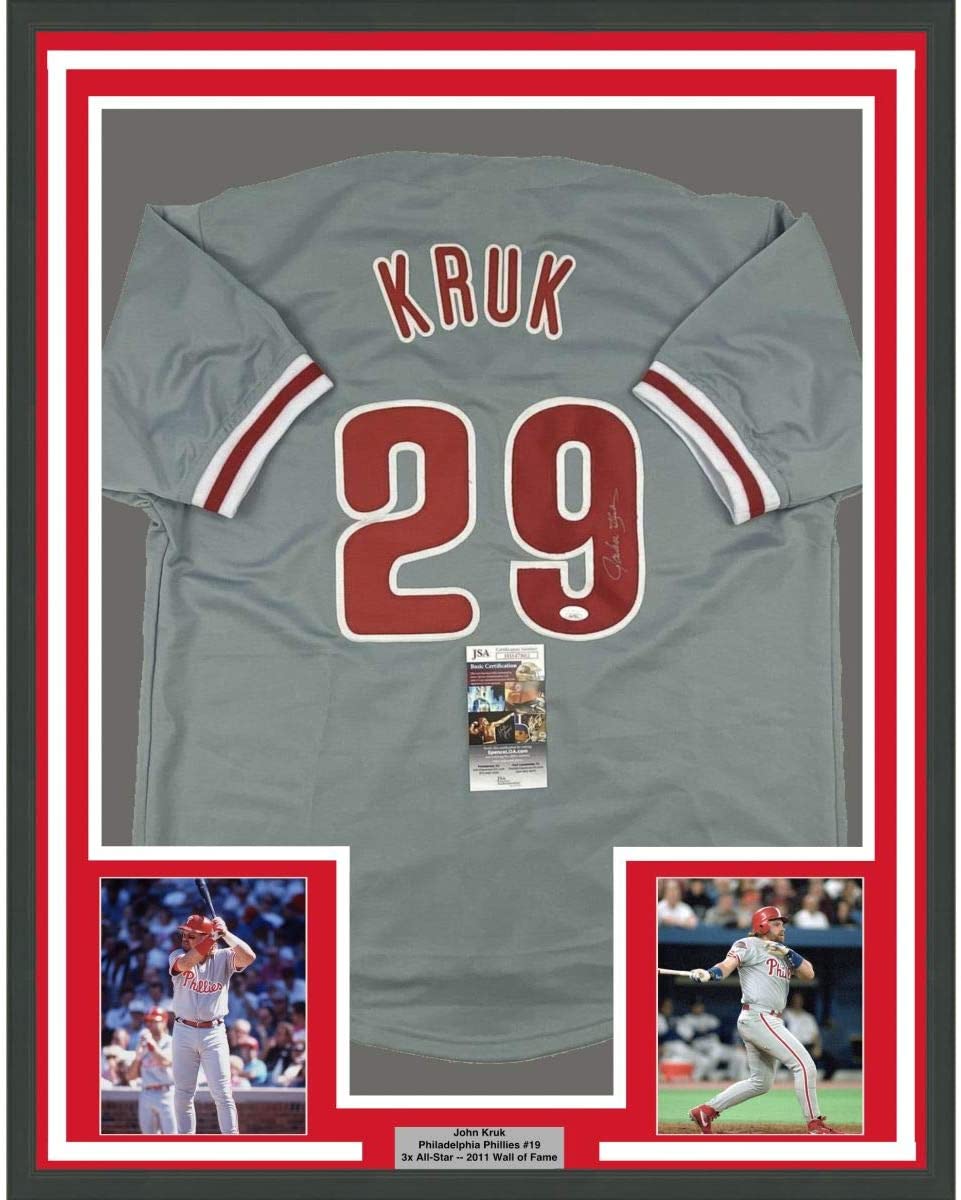 Framed Autographed/Signed John Kruk 35x39 Philadelphia Grey Baseball Jersey JSA COA