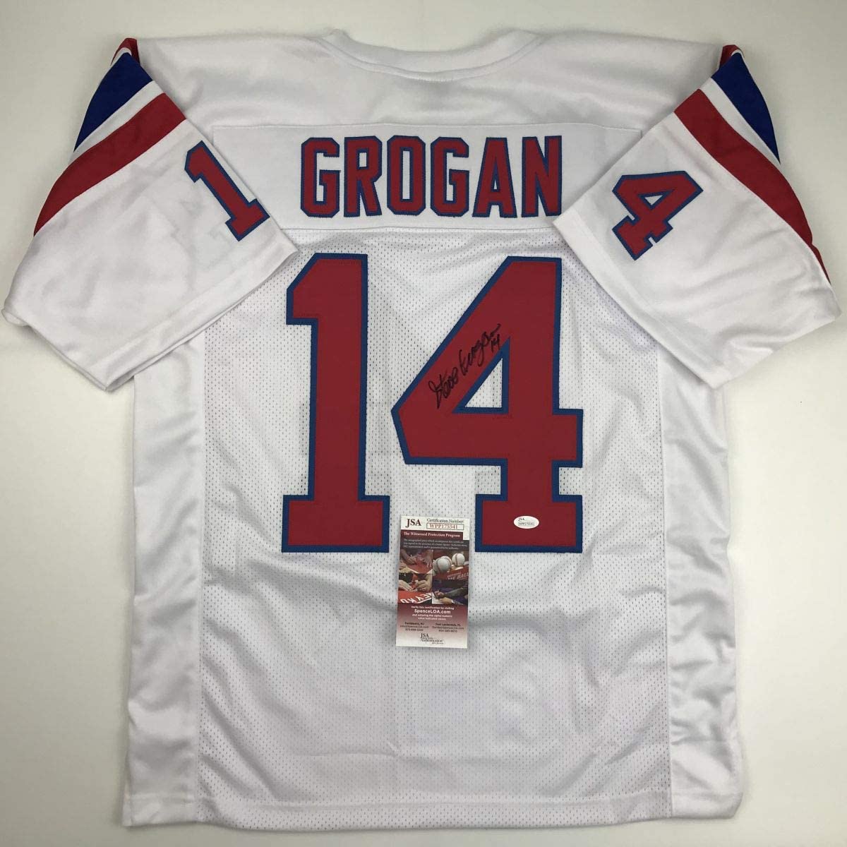 Autographed/Signed Steve Grogan New England White Football Jersey JSA COA