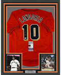 Framed Autographed/Signed Evan Longoria 35x39 San Francisco Orange Baseball Jersey JSA COA