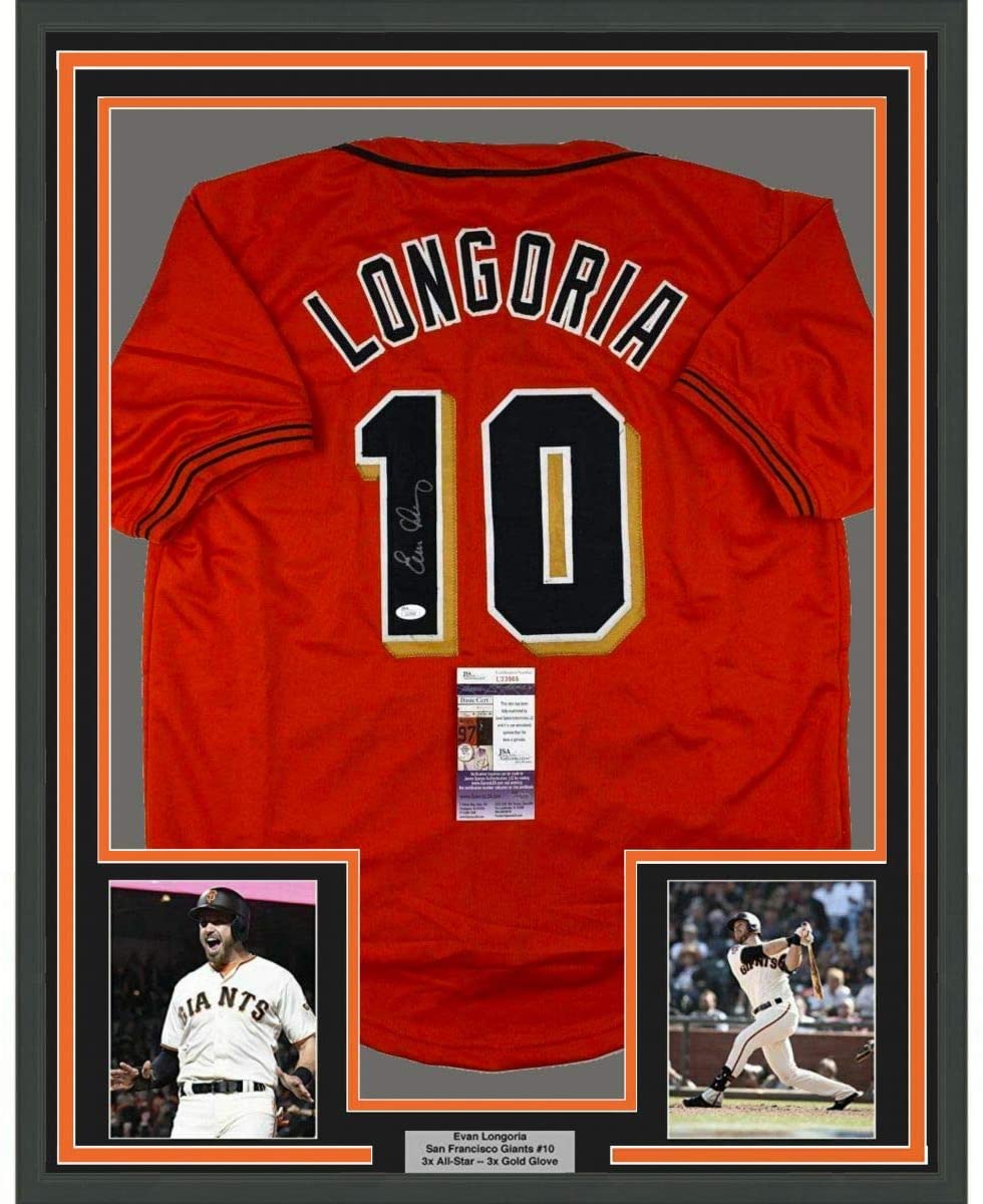 Framed Autographed/Signed Evan Longoria 35x39 San Francisco Orange Baseball Jersey JSA COA