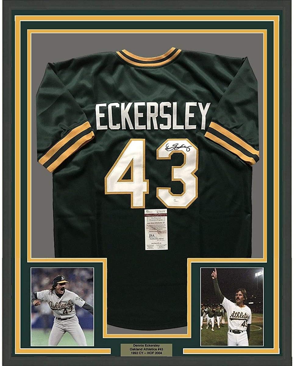 Framed Autographed/Signed Dennis Eckersley 35x39 Oakland Green Baseball Jersey JSA COA
