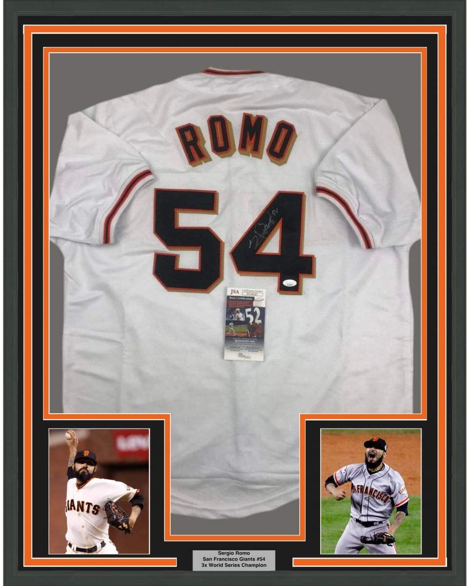 Framed Autographed/Signed Sergio Romo 35x39 San Francisco White Baseball Jersey JSA COA