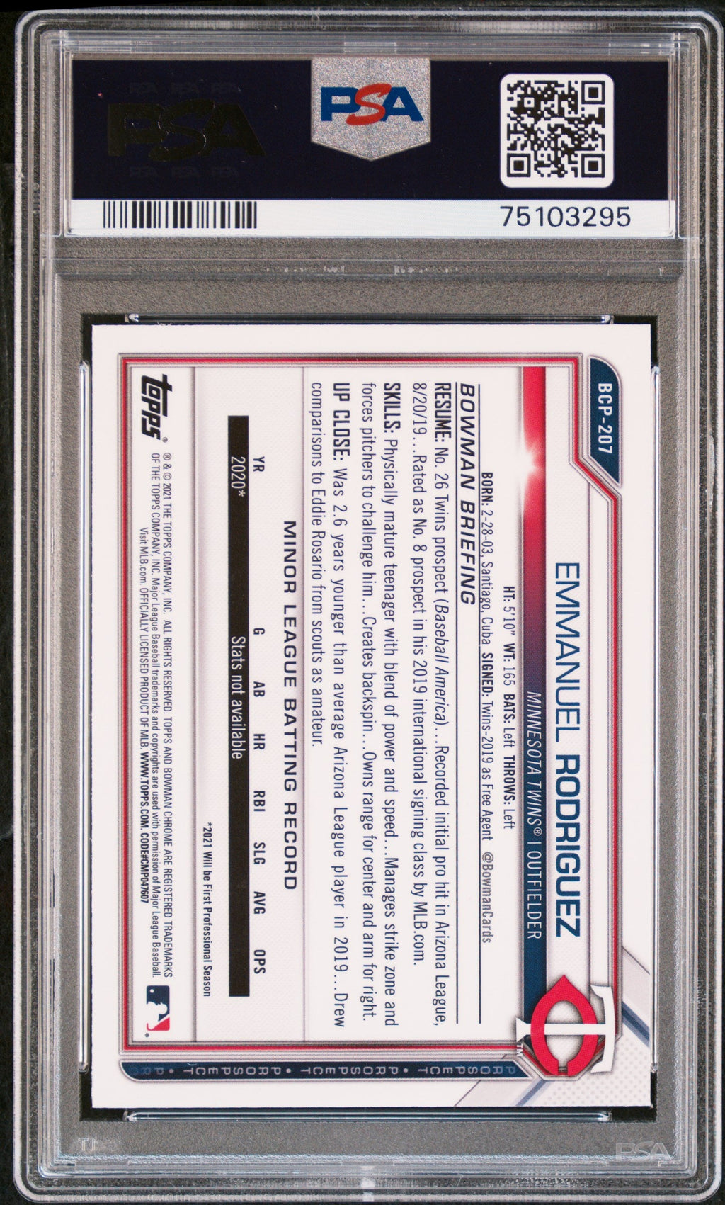 Graded 2021 Topps Bowman Chrome Emmanuel Rodriguez #BCP207 Prospects Rookie RC Baseball Card PSA 10 Gem Mint