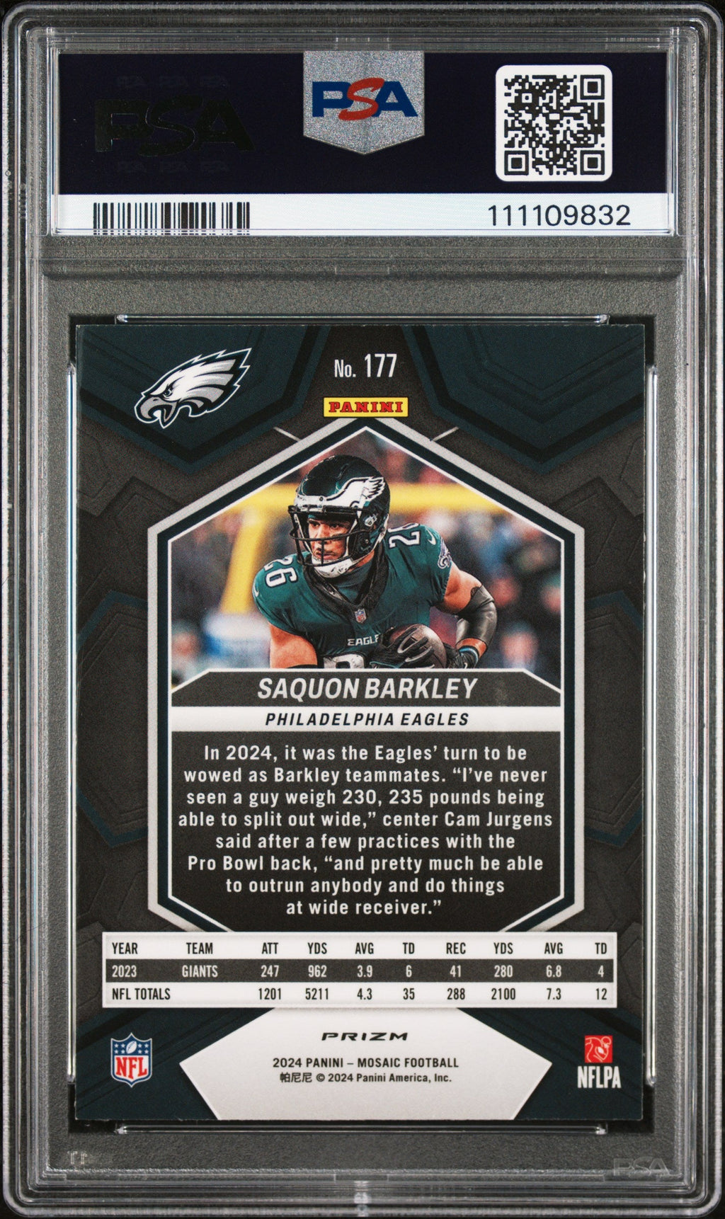 Graded 2024 Panini Mosaic NFL Saquon Barkley #177 Silver Football Card PSA 10 Gem Mint