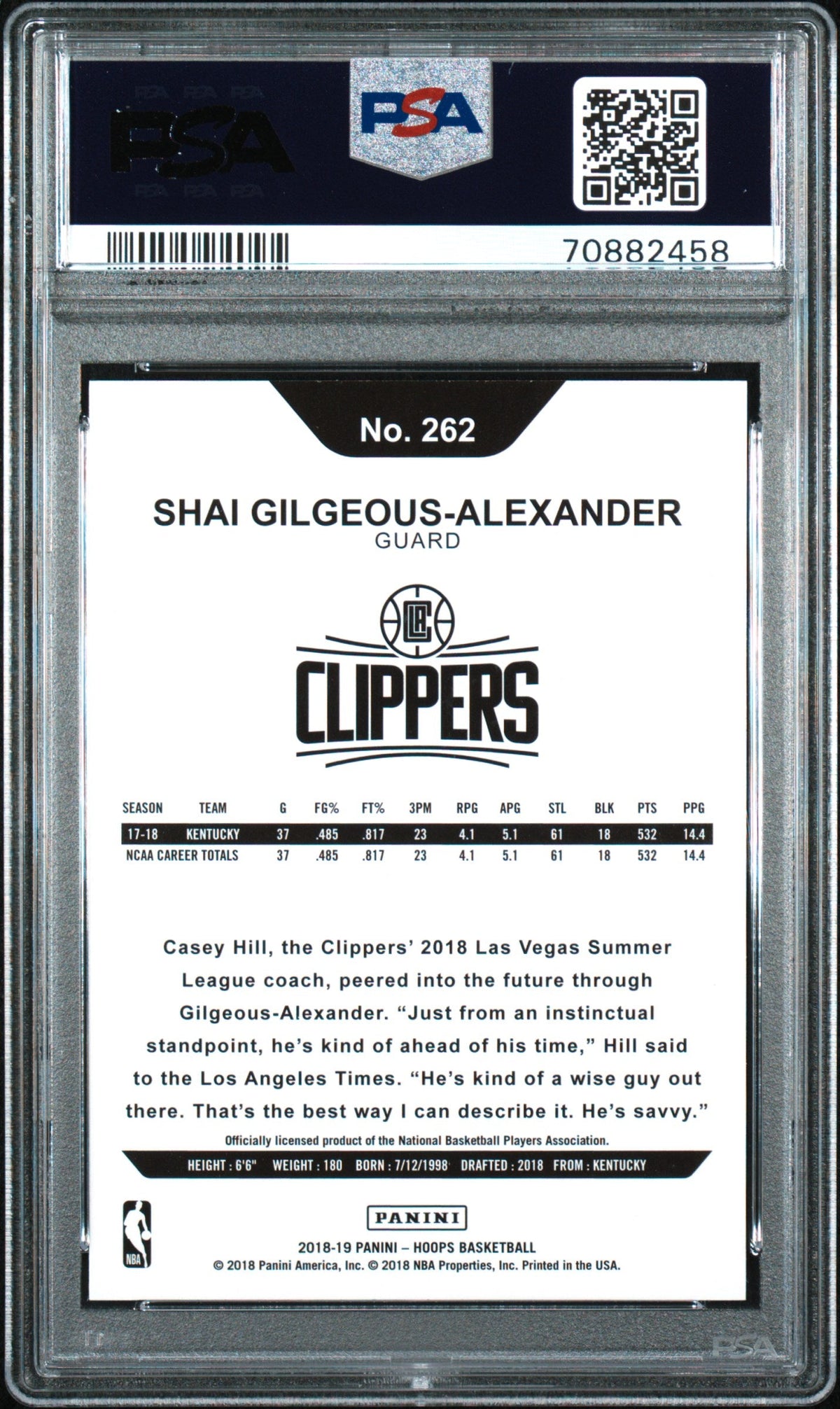 Graded 2018 Panini Hoops Shai Gilgeous-Alexander #262 Rookie RC Basketball Card PSA 10 Gem Mint