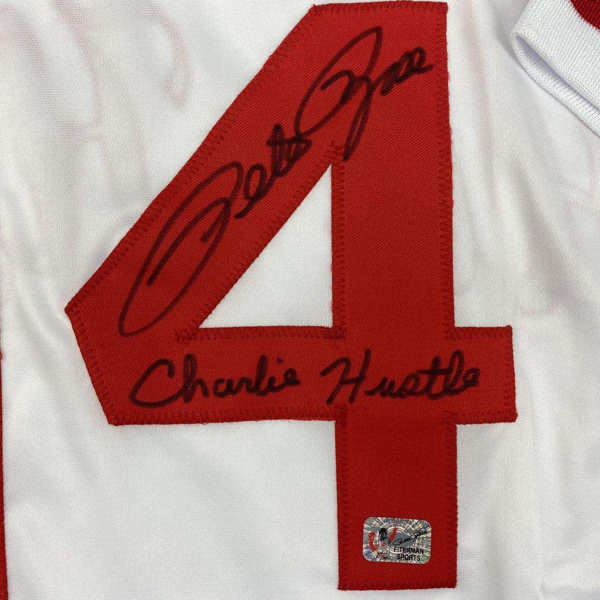 Autographed/Signed Pete Rose Inscribed Charlie Hustle Cincinnati White Baseball Jersey Athlete Hologram COA #2
