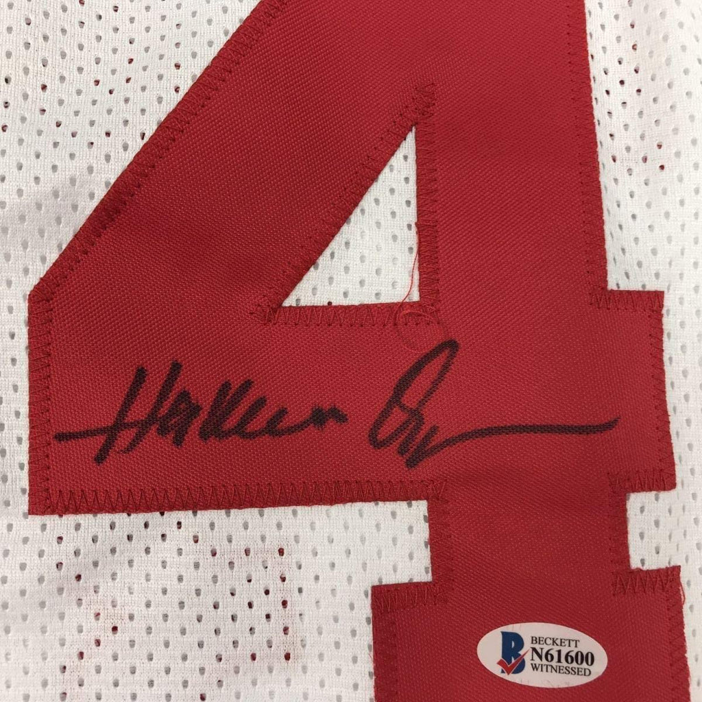 Framed Autographed/Signed Hakeem Olajuwon 35x39 Houston White Basketball Jersey Beckett BAS COA