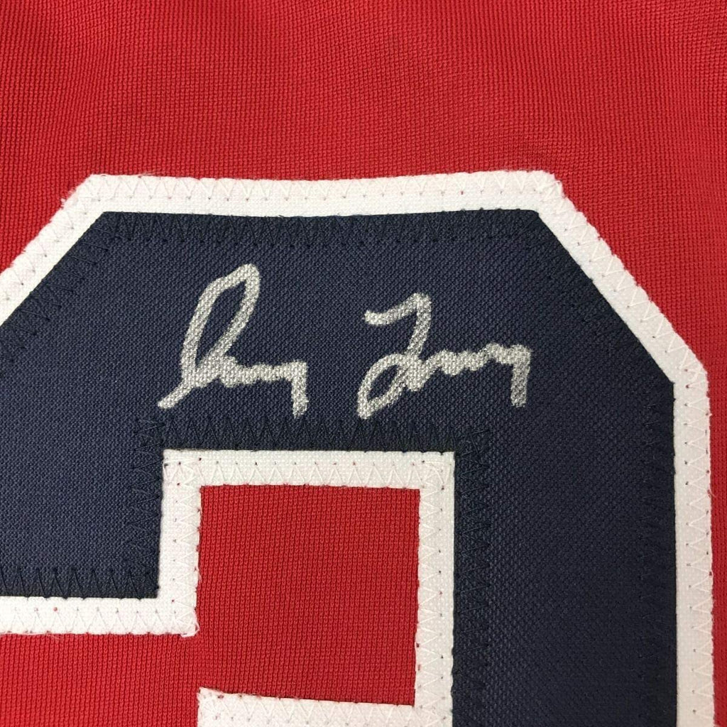 Framed Autographed/Signed Greg Maddux 35x39 Atlanta Red Baseball Jersey JSA COA