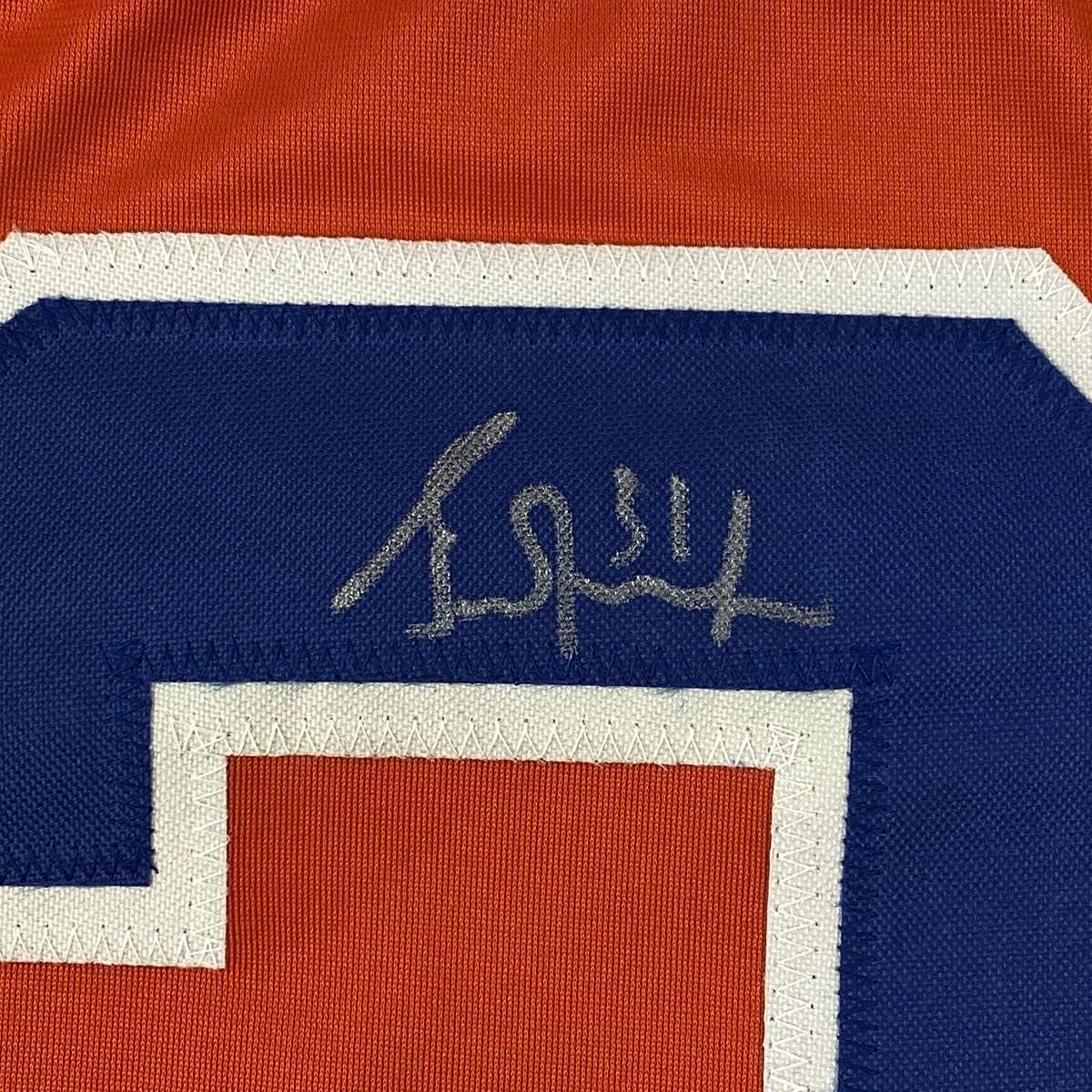 Framed Autographed/Signed Grant Fuhr 35x39 Edmonton Orange Hockey Jersey JSA COA