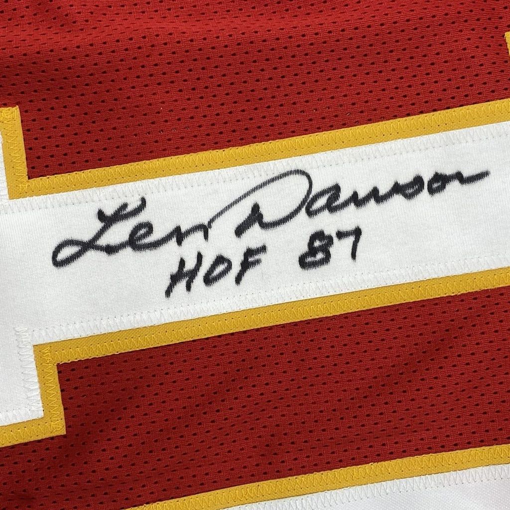 Autographed/Signed Len Dawson HOF 87 Kansas City Red Football Jersey JSA COA