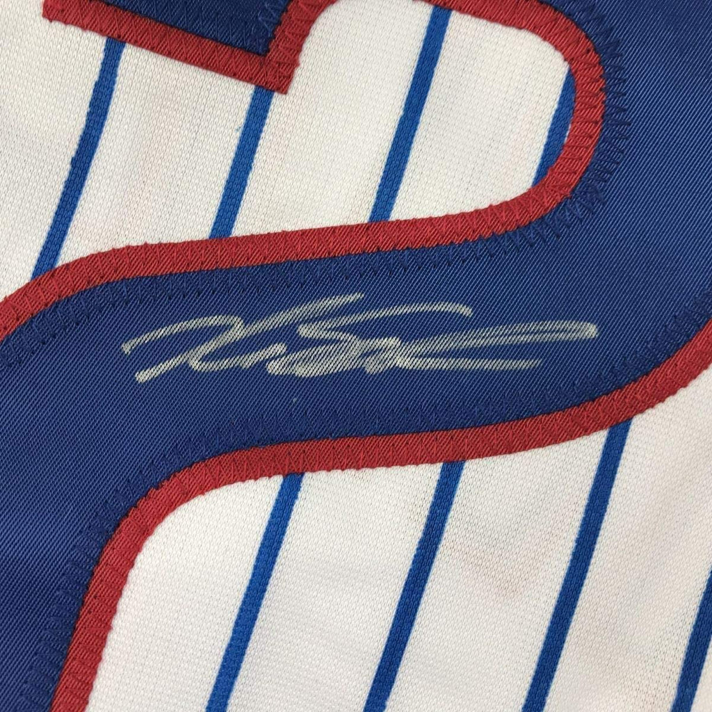 Framed Autographed/Signed Kyle Schwarber 35x39 Chicago Pinstripe Baseball Jersey JSA COA