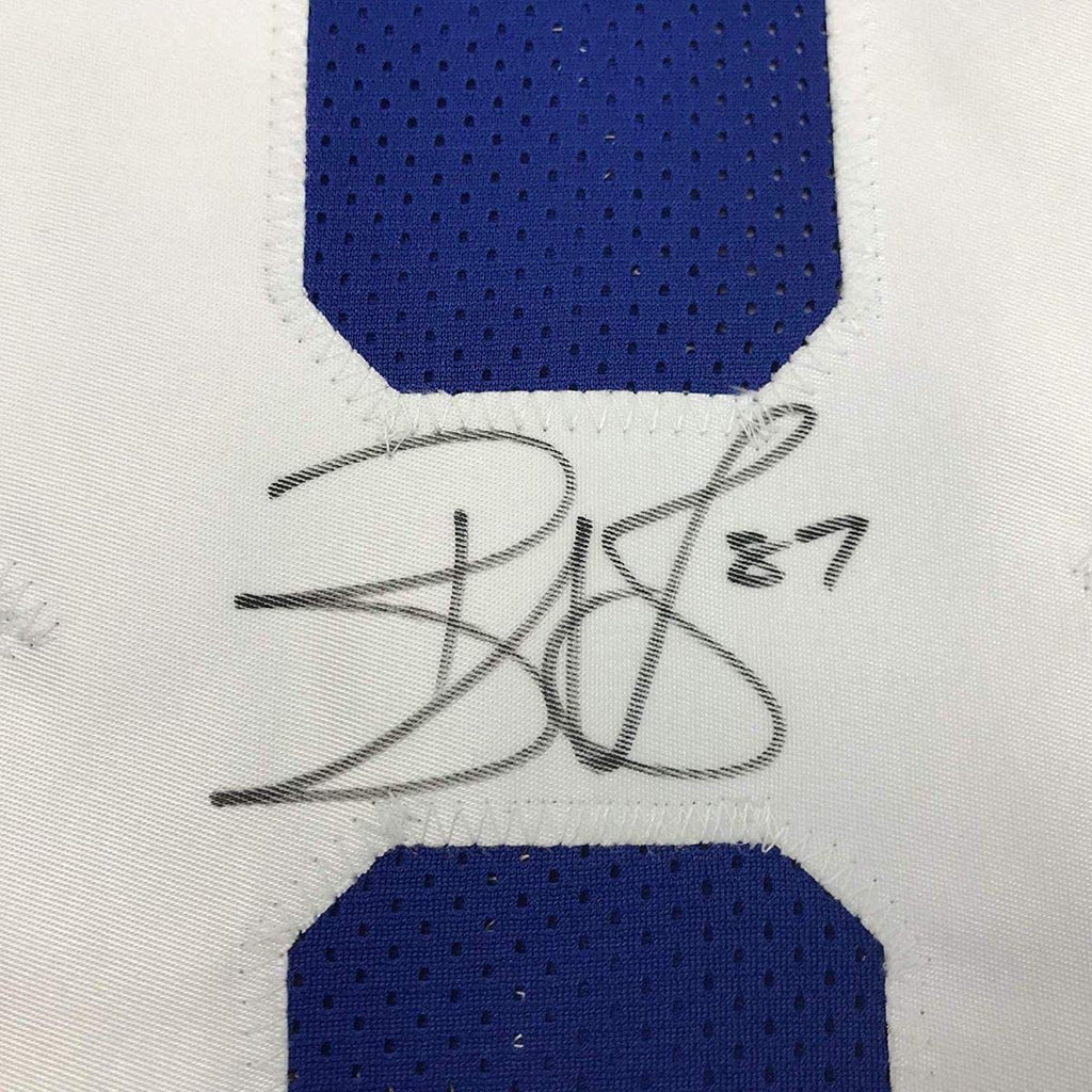 Framed Autographed/Signed Reggie Wayne 35x39 Indianapolis Colts Blue Football Jersey Beckett BAS COA