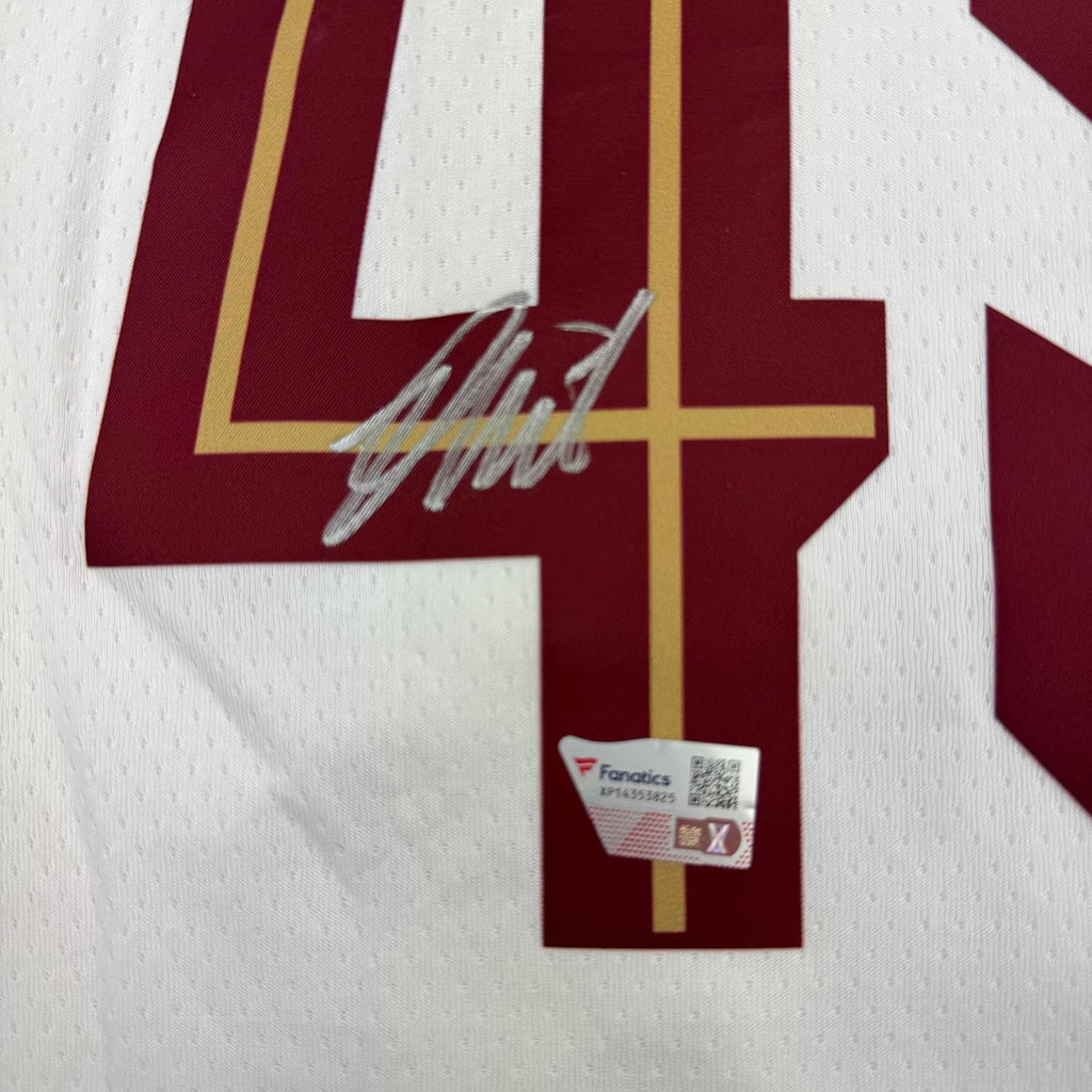 Framed Autographed/Signed Donovan Mitchell 35x39 Cleveland Cavaliers White Basketball Jersey Fanatics COA