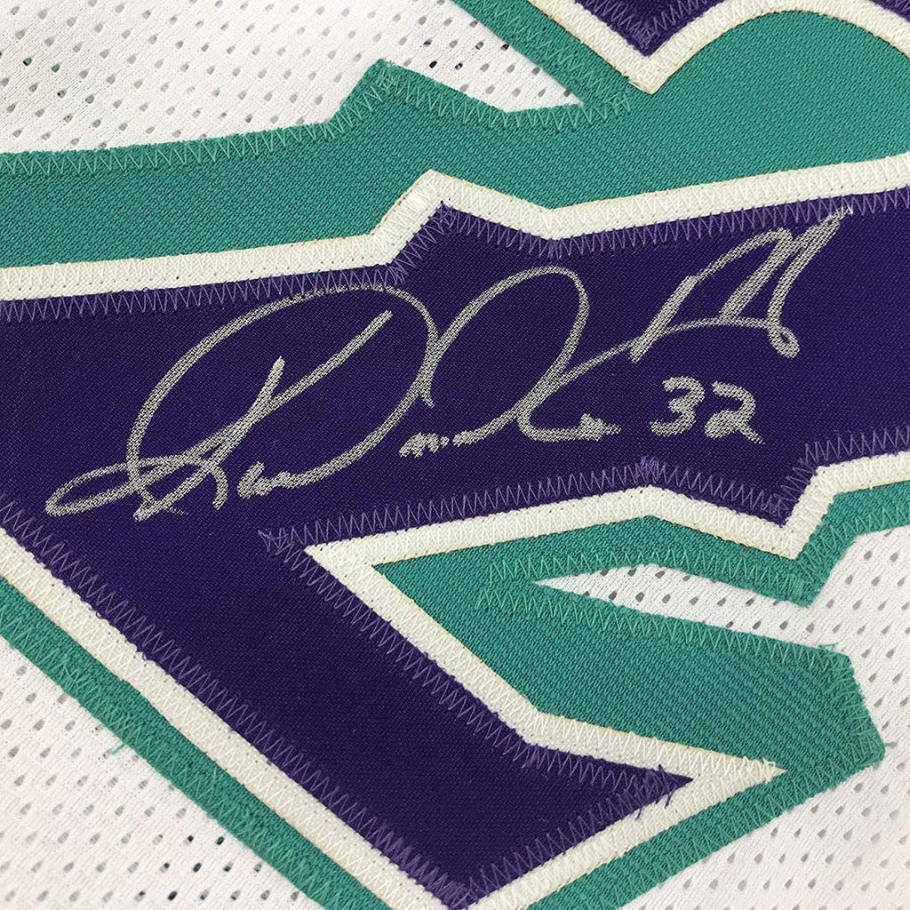 Framed Autographed/Signed Karl Malone 35x39 Utah White Basketball Jersey JSA COA
