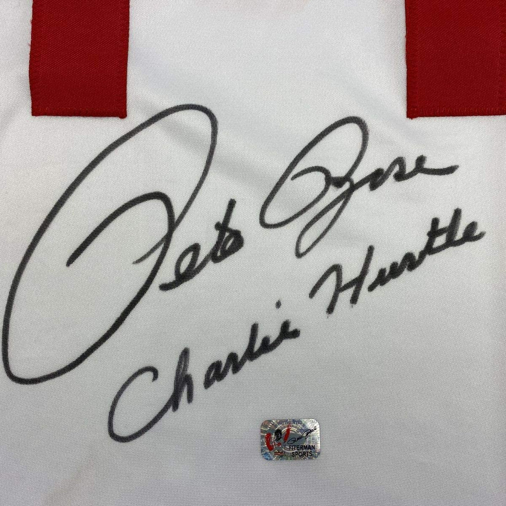Autographed/Signed Pete Rose Inscribed Charlie Hustle Cincinnati White Baseball Jersey Athlete Hologram COA #1