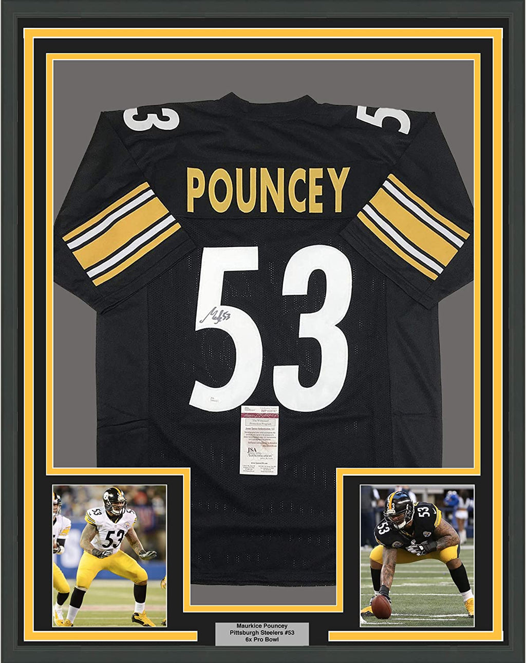 Framed Autographed/Signed Maurkice Pouncey 35x39 Pittsburgh Black Football Jersey JSA COA