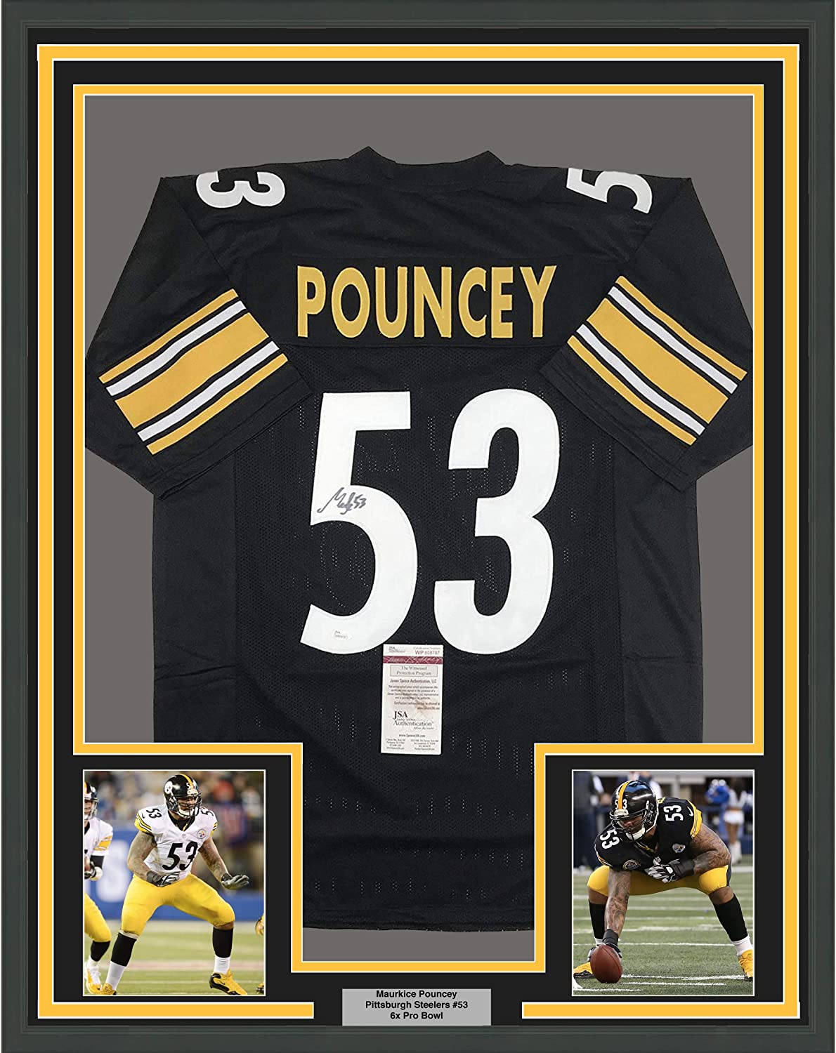 Framed Autographed/Signed Maurkice Pouncey 35x39 Pittsburgh Black Football Jersey JSA COA