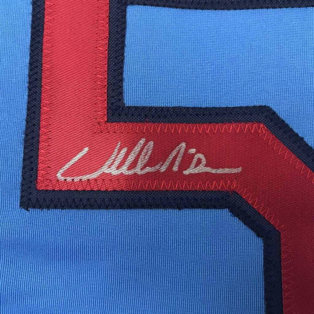 Autographed/Signed Willie McGee St. Louis Blue Baseball Jersey JSA COA