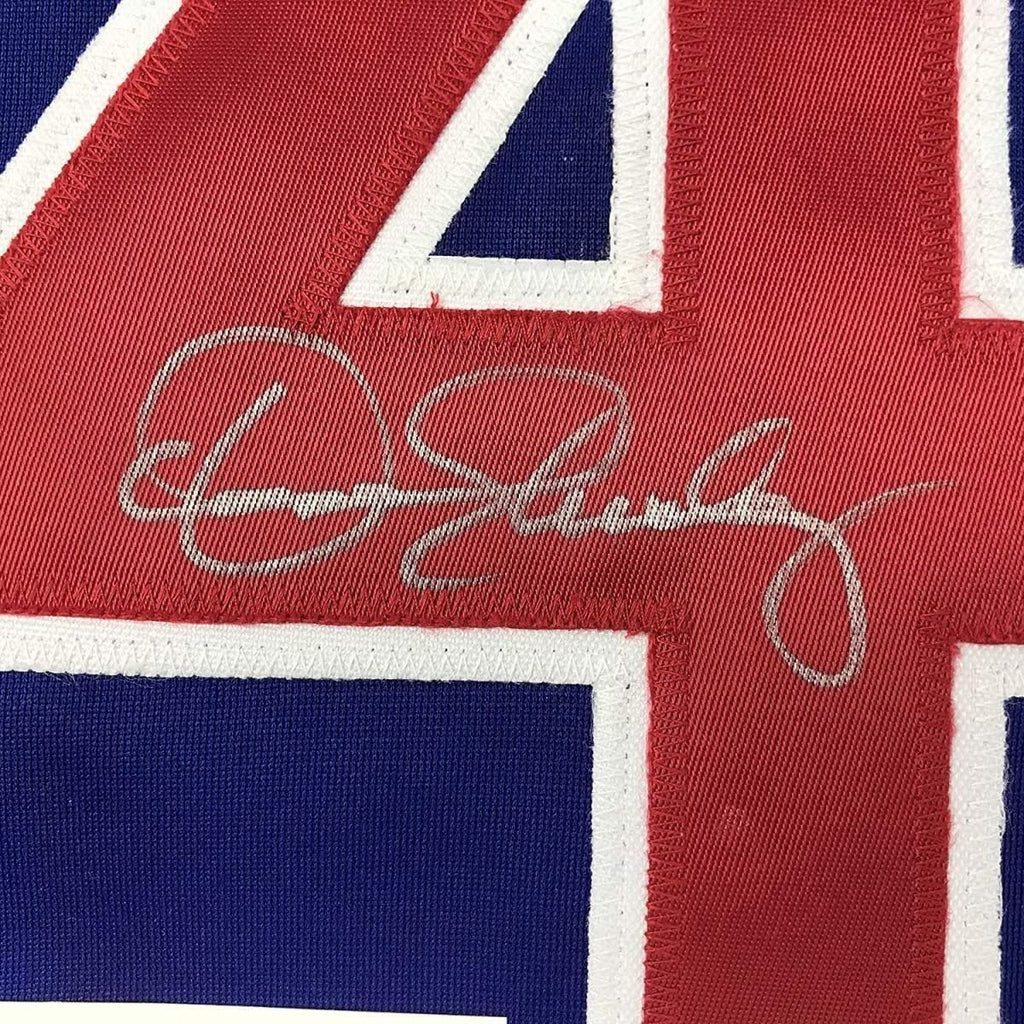 Framed Autographed/Signed Dennis Eckersley 35x39 Chicago Blue Baseball Jersey JSA COA