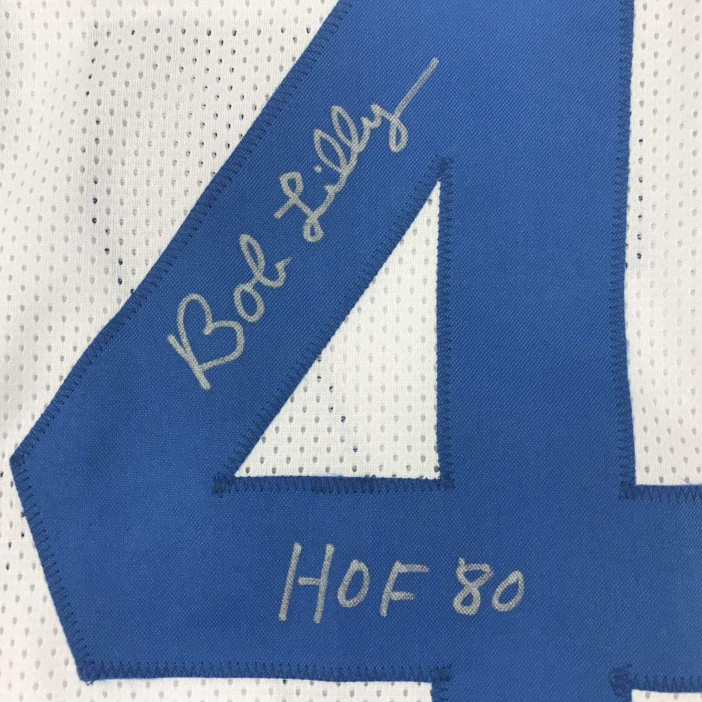Autographed/Signed Bob Lilly HOF 80 Dallas White Stat Football Jersey JSA COA