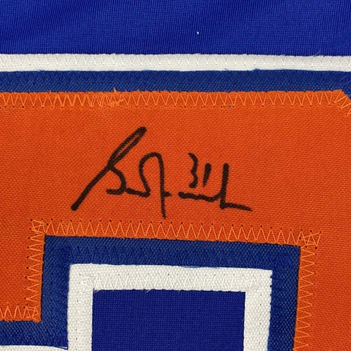 Framed Autographed/Signed Grant Fuhr 35x39 Edmonton Blue Hockey Jersey Beckett BAS COA