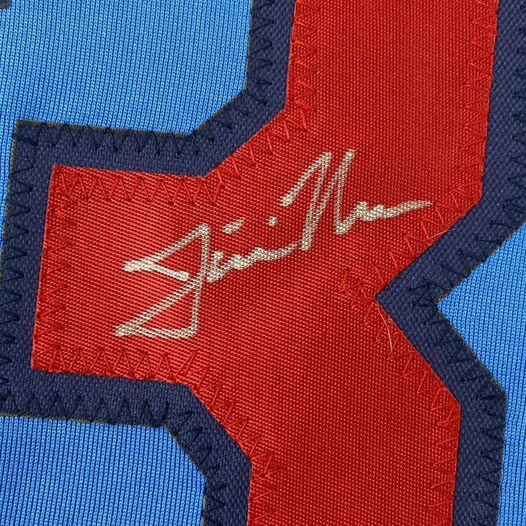 Framed Autographed/Signed Justin Morneau 35x39 Minnesota Retro Blue Baseball Jersey JSA COA