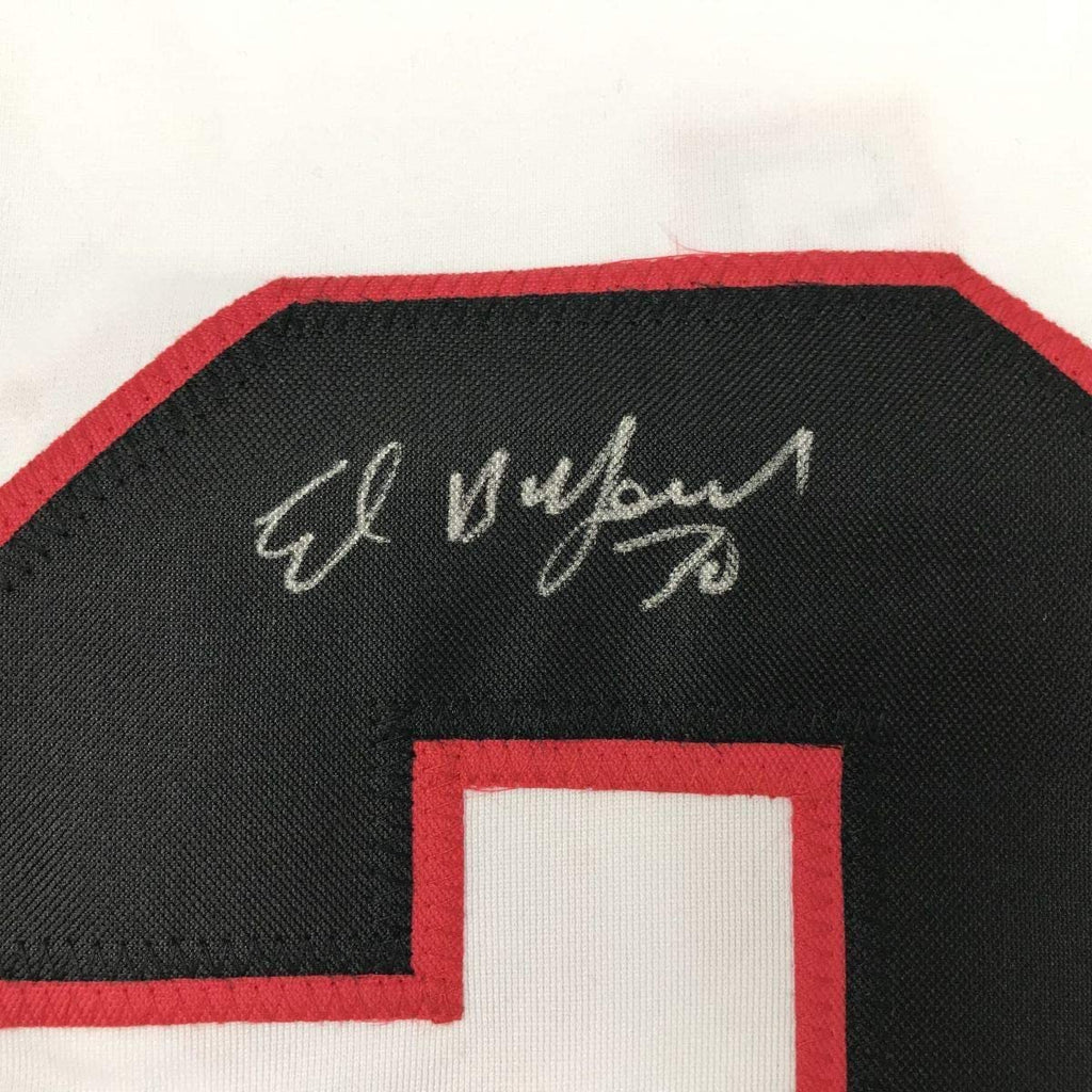 Framed Autographed/Signed Ed Belfour 35x39 Chicago White Hockey Jersey JSA COA