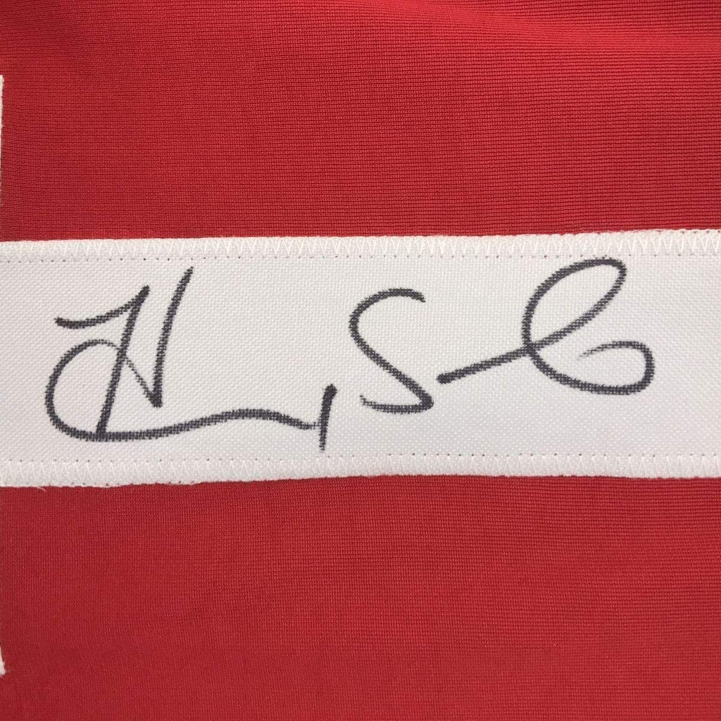 Framed Autographed/Signed Hope Solo 35x39 Red/White/Blue Soccer Team USA World Cup Jersey JSA COA