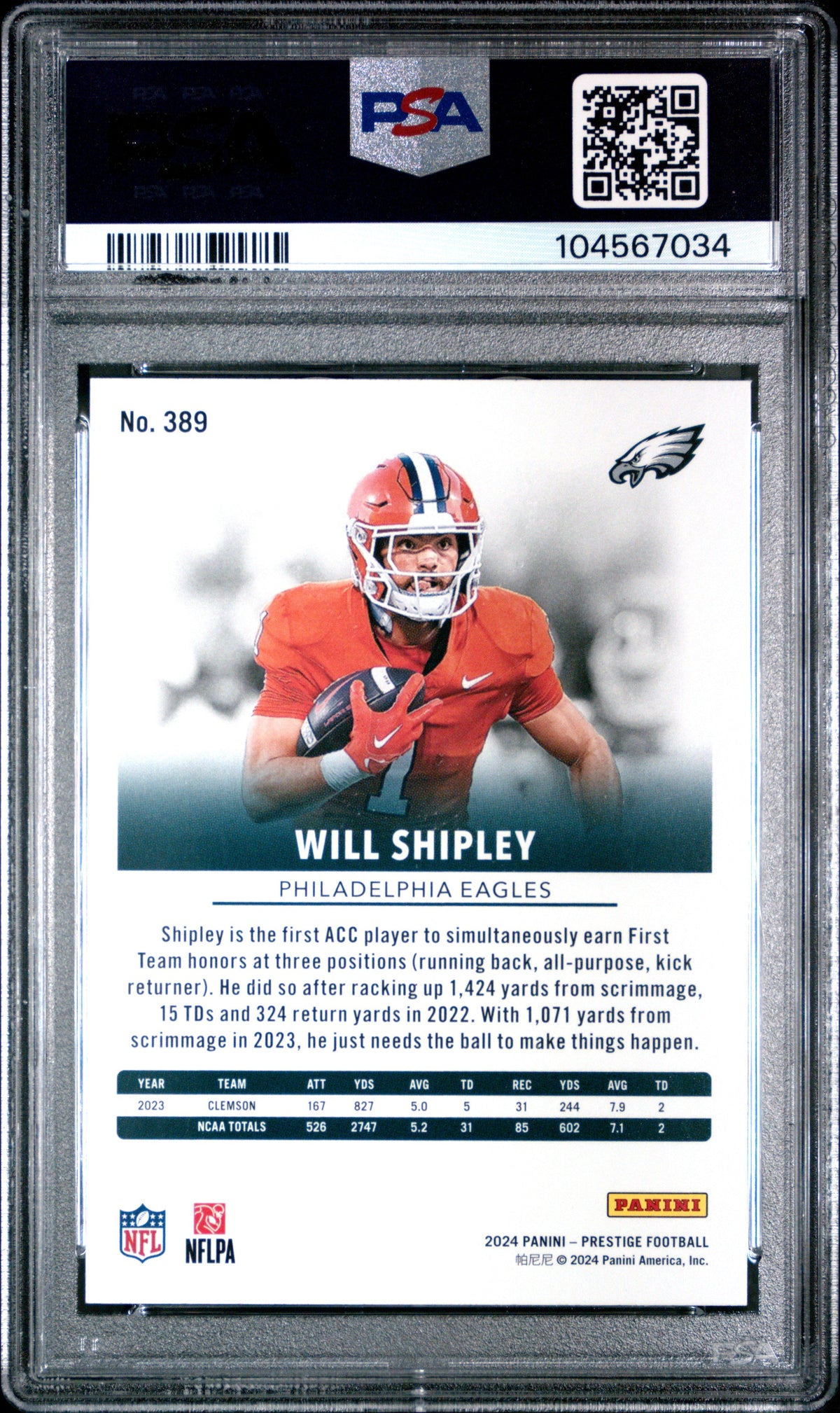 Graded 2024 Panini Prestige Will Shipley #389 Rookie RC Football Card PSA 10 Gem Mint