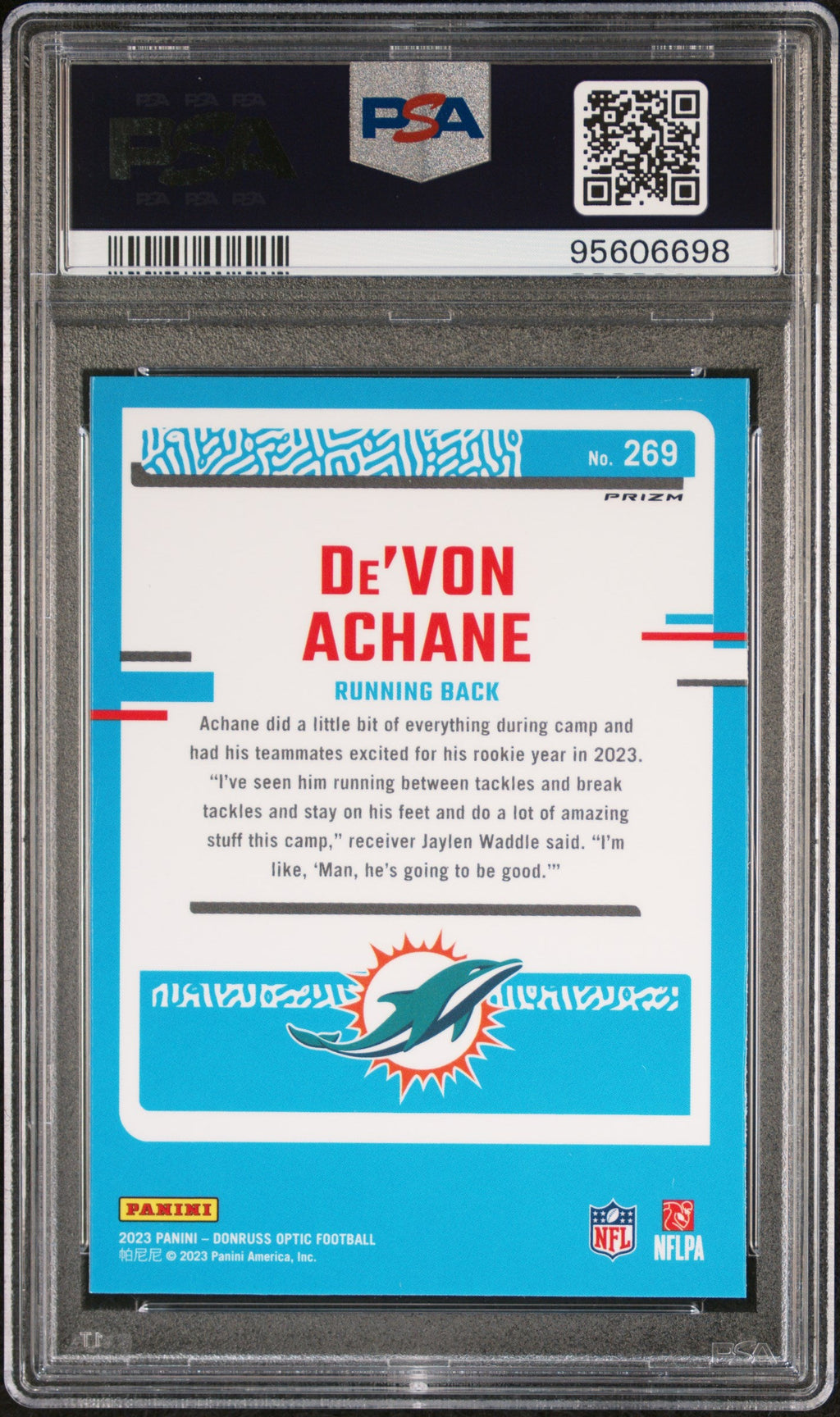 Graded 2023 Panini Donruss Optic Devon Achane #269 Green Hyper Rookie RC Football Card PSA 10 Gem Mint