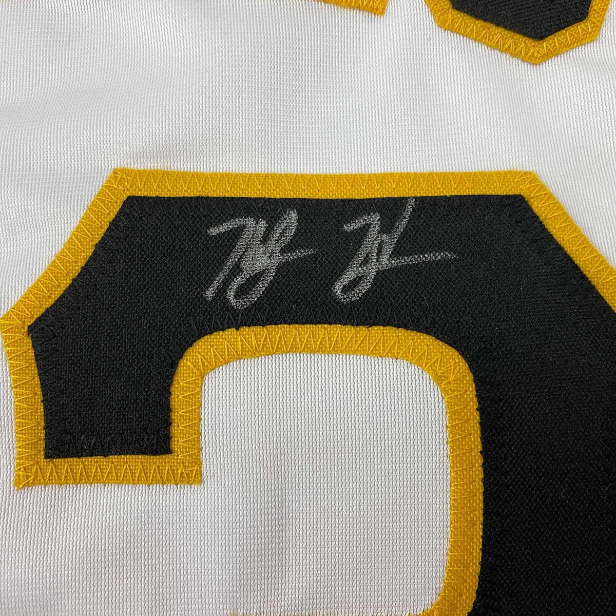 Framed Autographed/Signed Ke'Bryan Hayes 35x39 Pittsburgh White Baseball Jersey Beckett BAS COA