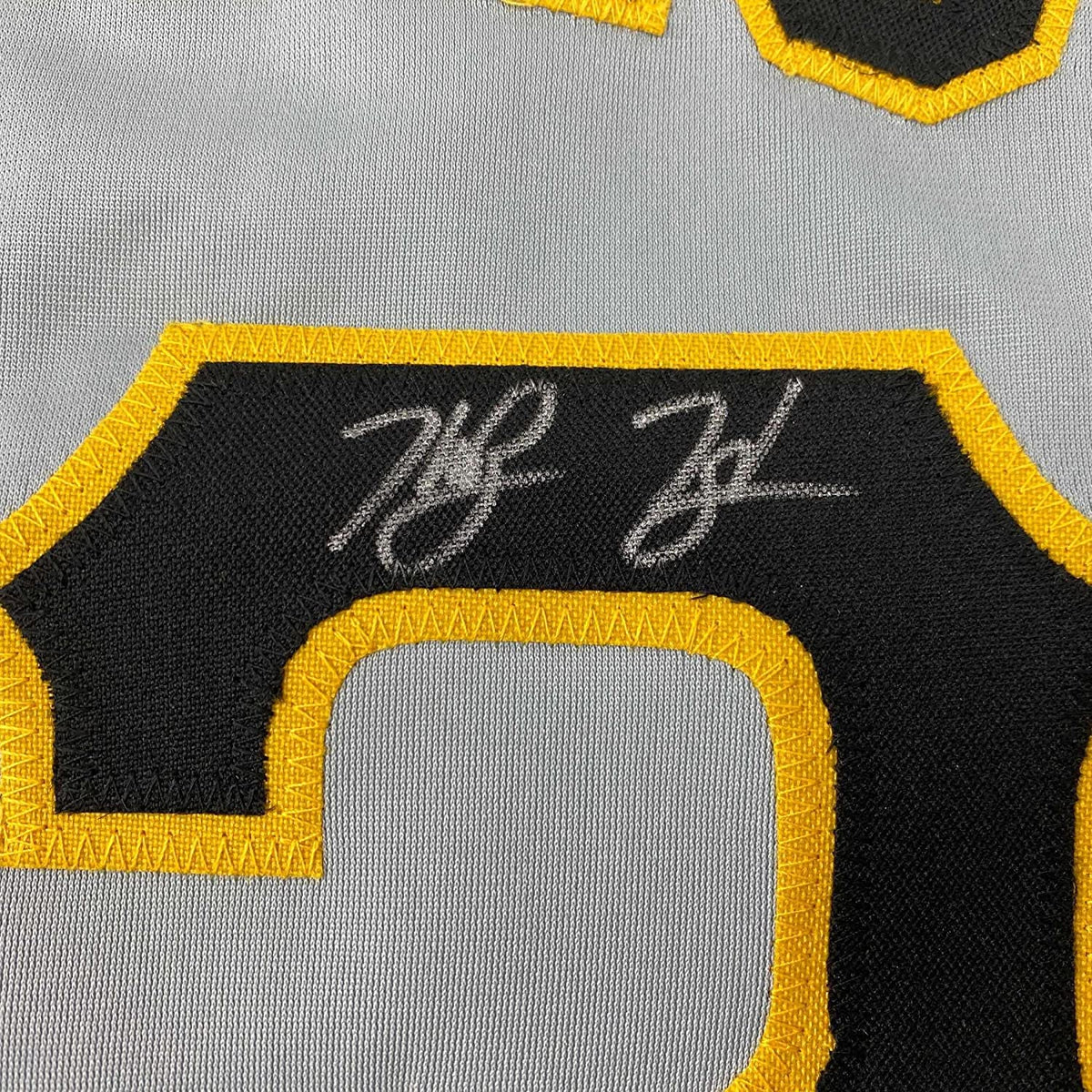 Framed Autographed/Signed Ke'Bryan Hayes 35x39 Pittsburgh Grey Baseball Jersey Beckett BAS COA