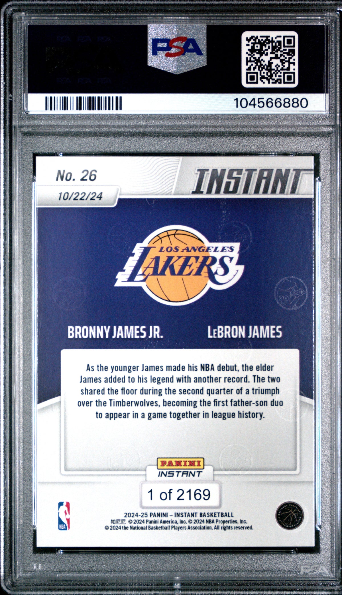Graded 2024 Panini Instant NBA Bronny James/LeBron James #26 Basketball Card PSA 9 Mint